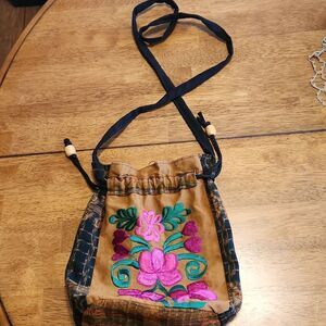 Rust brown pink floral embroidered drawstring purse bag